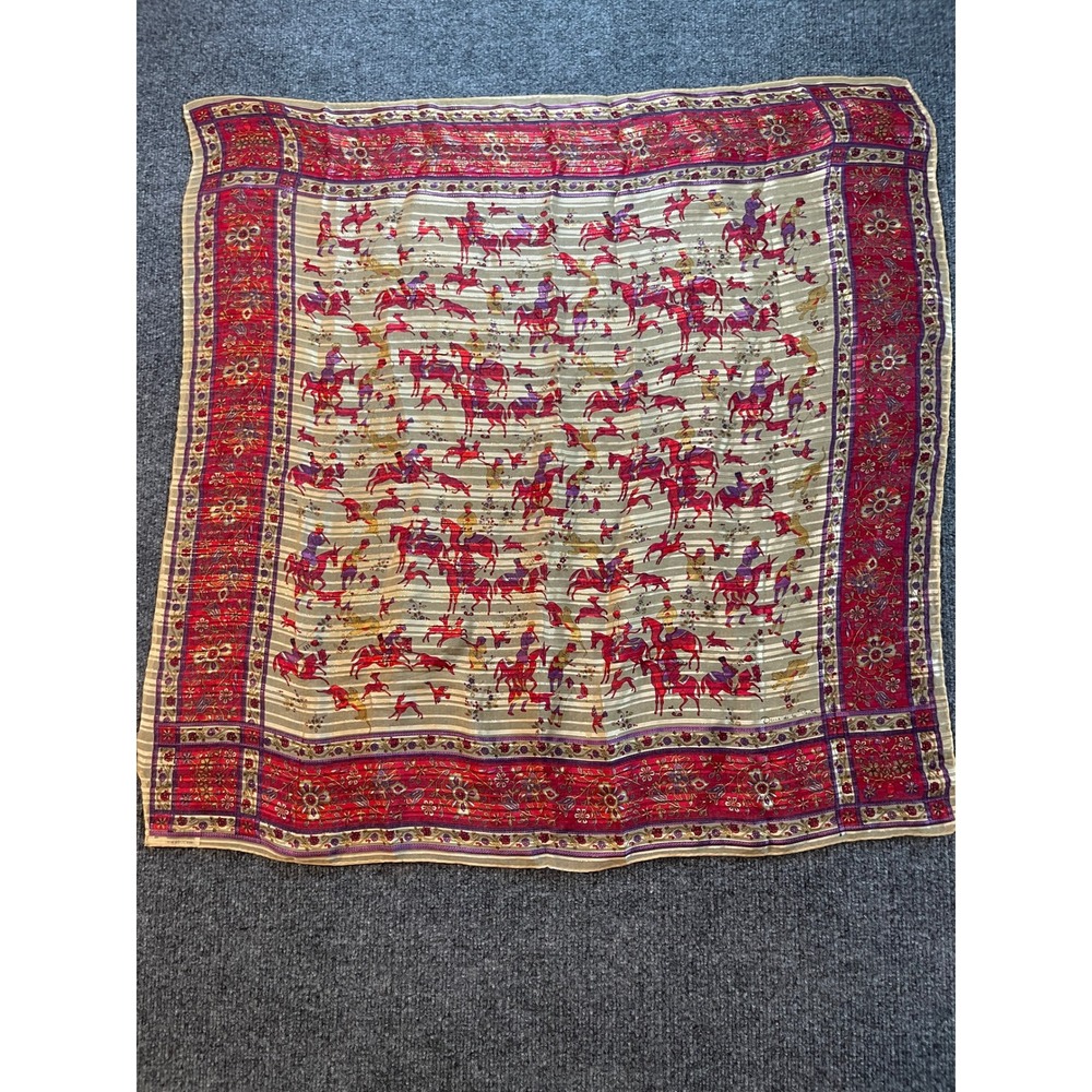 Oscar de la Renta Silk Scarf Metallic Persian Hunt Scene Red Gold 30x30